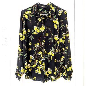 Who What Wear 70s Retro Dark Floral Blouse with Ruffled Cuffs